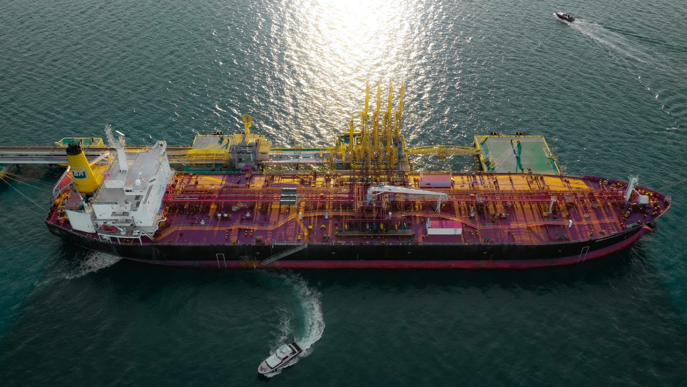 Aerial view of a tanker alongside a bunkering vessel